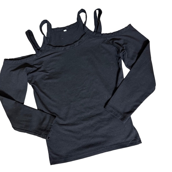 SHEIN BLACK FITTED FULL LENGTH LONG SLEEVE COLD SHOULDER TOP WITH STRAPS SIZE S - Picture 3 of 7